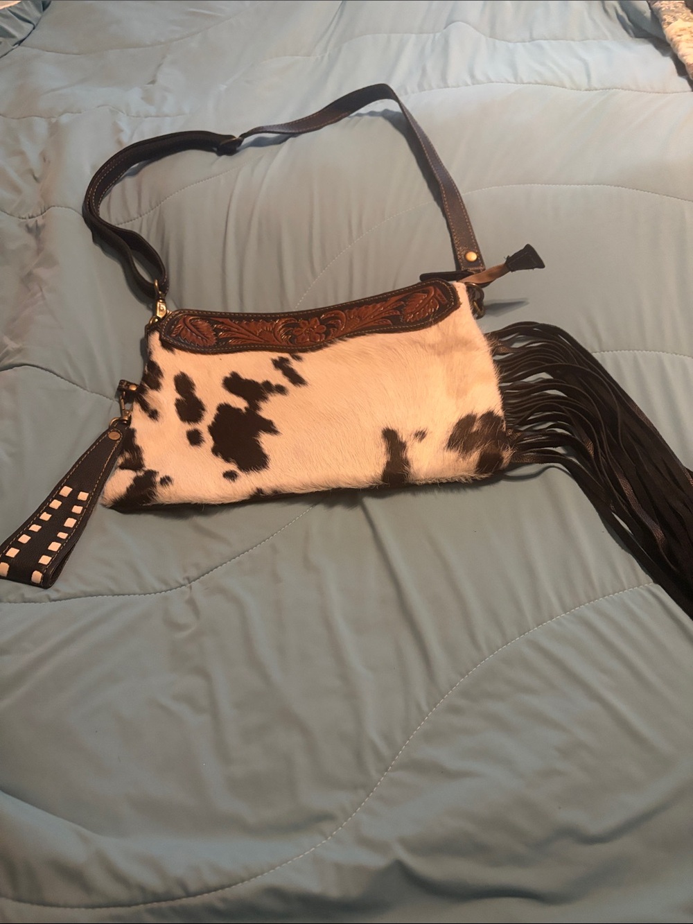 Myra Bag Black & White Cowhide Fringe Crossbody with Tooled Brown Trim